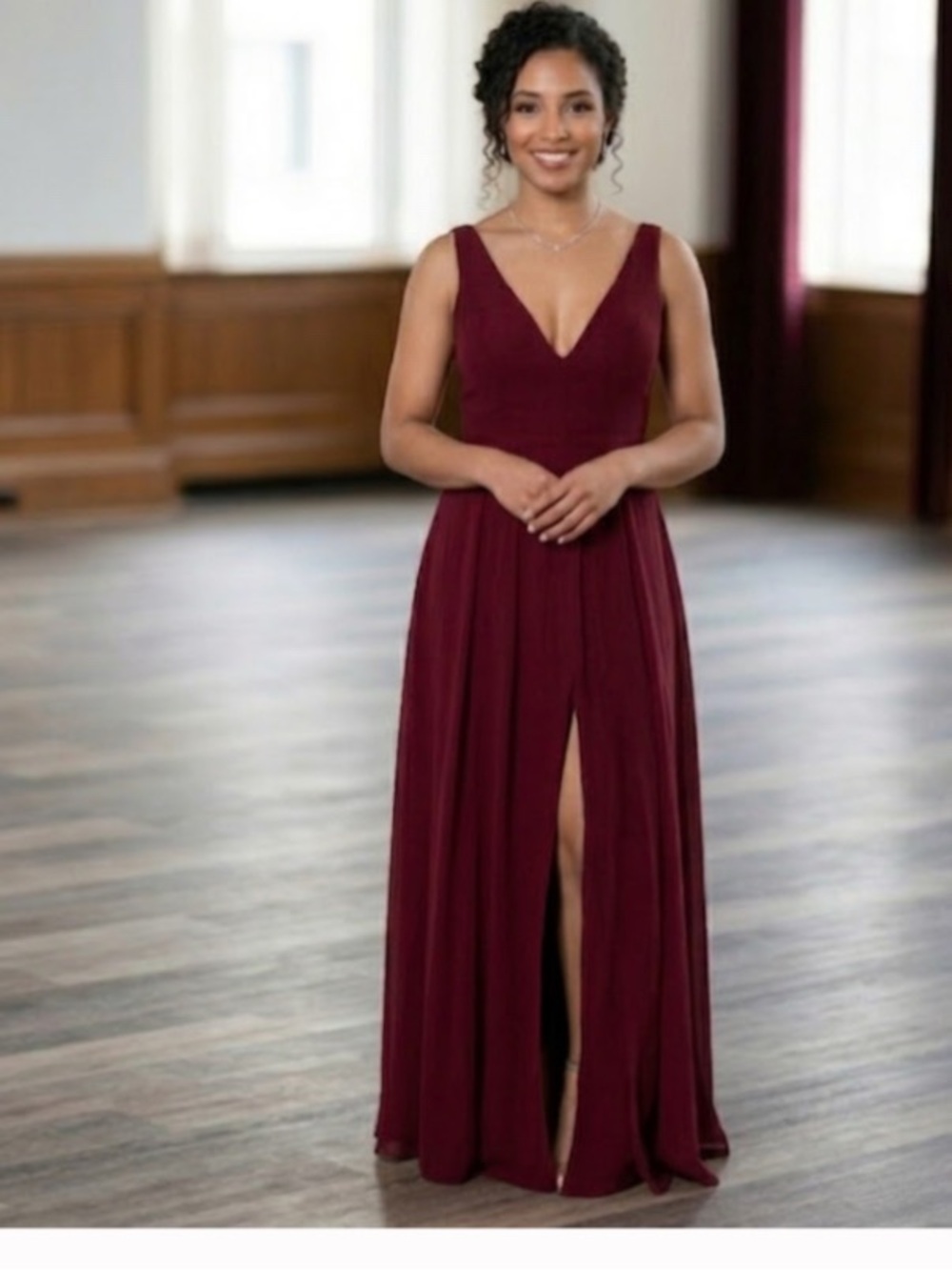 Adelyn Rae Burgundy Sleeveless V-Neck Maxi Dress with an opening between the leg